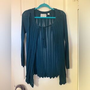 anthropologie field flower teal blue open tie cardigan sweater